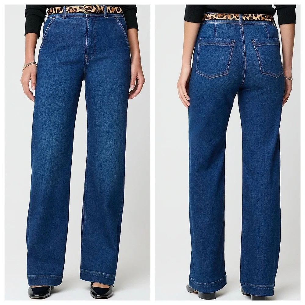 J. Crew High Rise Trouser Jeans Women Sz 28 Blue Wide‎ Leg Stretch